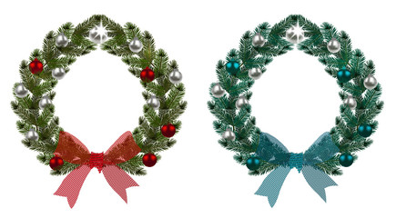 Christmas, New Year. Green branches of spruce in the form of Christmas wreaths with balls and bows. On a white background. illustration