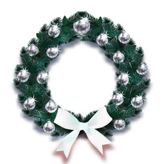 Fototapeta na wymiar Christmas, New Year. Dark Green branches of spruce in the form of a Christmas wreath with silver balls and white bow. illustration