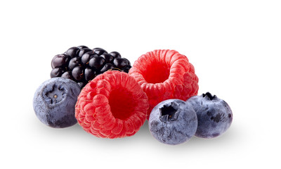 Fresh ripe berry in closeup. Raspberry, blueberry, blackberry on white background.