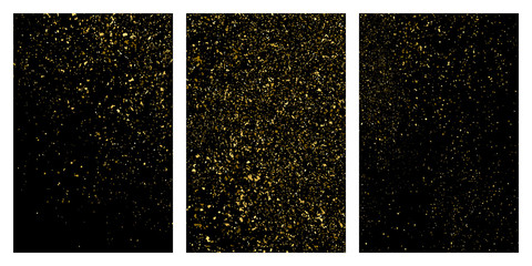 Gold glitter texture isolated on black. Amber particles color. Celebratory background. Golden explosion of confetti. Set vector illustration,eps 10.