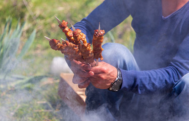 Kebab on sticks fried on coals in nature