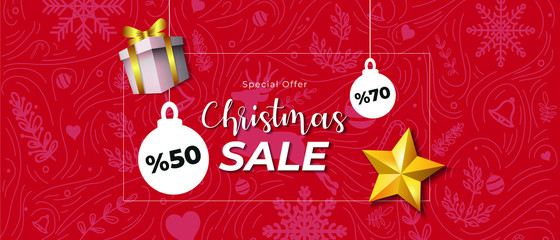 Exclusive Christmas Sale with 70 and 50 Percent of Discount. Christmas Ornament on Red Background Banner.