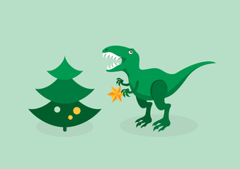 T rex Christmas trouble vector. Tyrannosaurus with a Christmas tree. Angry christmas T rex. Dinosaur christmas problem. T rex funny christmas illustration