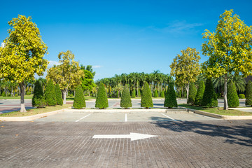 Empty space in city park outdoor concrete parking lot area with blue sky in summer season. Green...