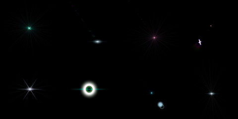 Isolated realistic lens flare visual effect on black night background. Space star. 