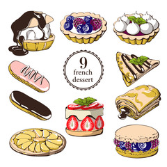 Hand drawn sketch with french dessert petit fours