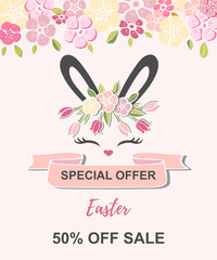 Vector illustration with cute rabbit, bunny ears, smiling eyes, floral wreath. Template for Happy Easter Sale.