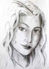 Portrait of a girl, drawn in pencil on white album paper. Portrait of a beautiful girl.
