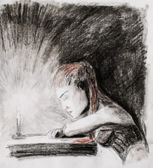 A girl with horsehair hair is falling asleep by the candle at the table