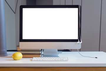 Monitor on table, blank screen, mockup