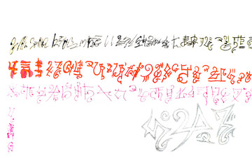 Fictional characters and symbols on a white background. Symbols and signs in black red and purple.