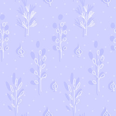 Seamless hand drawn pattern with branches and leafs amid snowfall