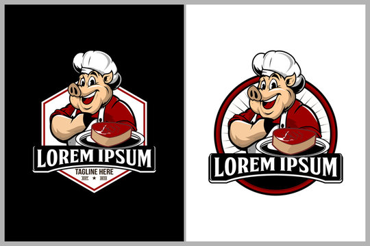 cute chef pig cartoon character vector for barbeque club logo template collection