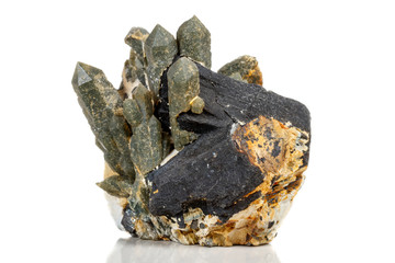 Macro mineral stone Quartz Hedenbergite Prase on ilvite on a white background
