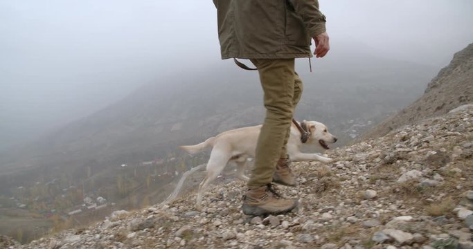 Man walking with his beautiful golden retriever dog in fogged mountains - old friendship concept 4k