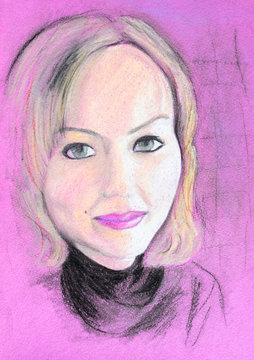 Portrait of a blonde on pink paper. White-haired girl painted with pencils.