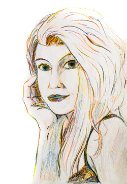 Portrait of a blonde woman drawn with colored pencils, leaning on her palm