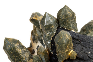 Macro mineral stone Quartz Hedenbergite Prase on ilvite on a white background