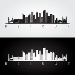 Fototapeta premium Bejrut panoramę i zabytki sylwetka, czarno-biały design, ilustracji wektorowych.