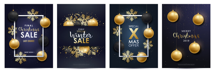 Fototapeta na wymiar Winter sale flayers set. Realistic gold and black Christmas decoration. Vector Illustration.