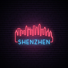 Concept neon skyline of Shenzhen city. Bright Shenzhen banner. Vector illustration.