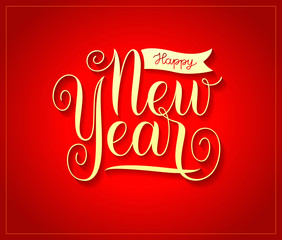 Happy New Year text. Red holiday background. Festive calligraphic typography, vintage lettering, title, label and icon. Isolated on red background. Vector illustration. EPS10