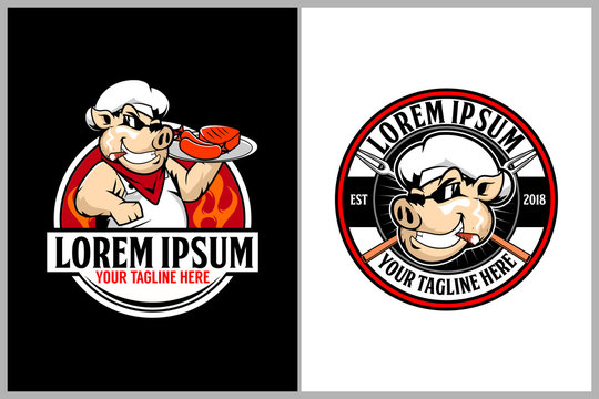 chef pig or pork animal cartoon character vector for barbeque club logo template collection