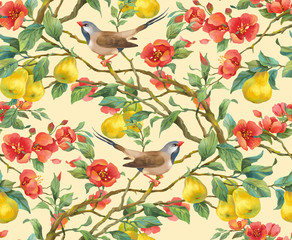 Fototapeta na wymiar Branch with flowers , fruits and bird. Japanese quince and Long-tailed Grass Finch. Seamless background pattern version 3