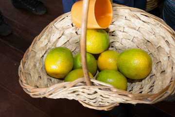 fruit in basket on wooden table
