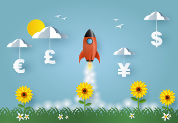 rocket launch and money Currency Signs on clouds.   Business competition, start-up, boost or success concept.