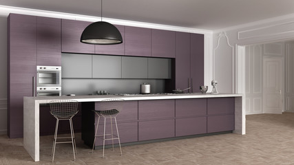 Dark violet wooden modern minimal kitchen with island, appliances and big pendant lamp in classic apartment with stucco walls and parquet floor, contemporary architecture interior design