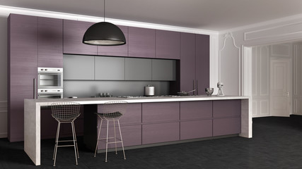 Dark violet wooden modern minimal kitchen with island, appliances and big pendant lamp in classic apartment with stucco walls and parquet floor, contemporary architecture interior design