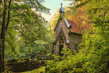 .Chapel at the forest old German cemetery in the Czech Switzerland. Bohemia. Czech Republic.