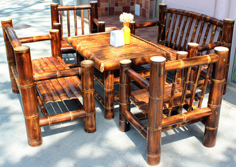 Bamboo furniture at a sidewalk cafe, Kutaisi, Georgia