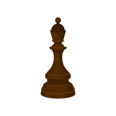 Flat vector icon of wooden chess piece - queen. Small dark brown figure of strategic board game