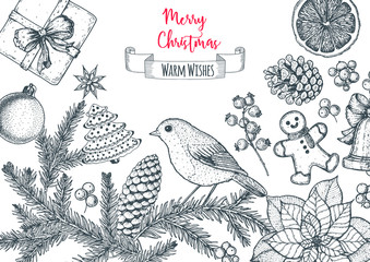 Christmas greeting card. Hand drawn sketch. Vector illustration. Christmas invitation design template. Sketch collection.