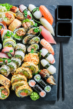 Top view of sushi mix made of salmon and avocado