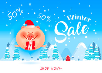 Fototapeta na wymiar Winter Sale banner. Fat cute piggy jumps up with festive boxes of Christmas present on Christmas background