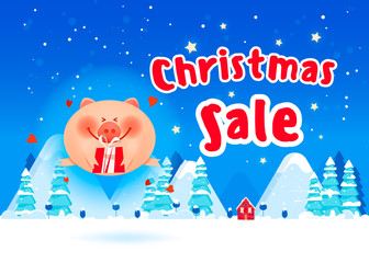 Fototapeta premium Merry fat pig with a gift boxes