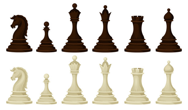 Flat vector set of wooden chess pieces. Brown and beige figures of strategic board game