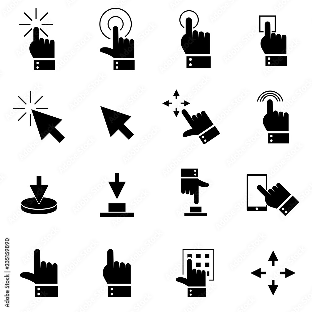 Poster click set of buttons related vector icons. contains such icons as cursor, mouse, hand, index finger,
