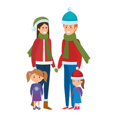 parents couple with daughters with winter clothes