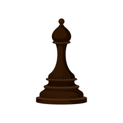 Dark brown wooden chess piece - bishop elephant . Small figure of strategic board game. Flat vector icon