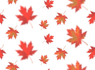 Seamless pattern with bright orange red blurred falling maple leaves isolated on white background. Seasonal banner, cover, wallpaper or autumn holiday vintage decor for. Realistic Vector illustration