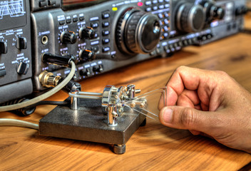 Modern high frequency radio amateur transceiver closeup