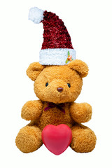 Teddy Bear Put Santa Claus Red Hat Have a red heart in front. Isolated on white background and clipping path