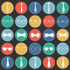 Trendy accessories tie bow eye glasses set on color circles black background icons