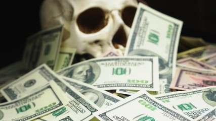 human skull in a pile of American currency