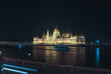 Parliament in budapest at night with danube river