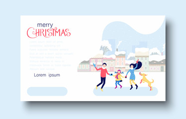 Obraz na płótnie Canvas Merry Christmas festive card template with happy family and cityscape.